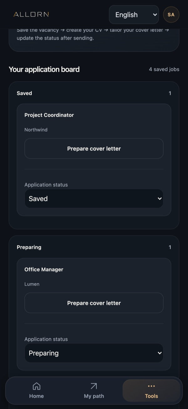 Allorn app: job application board