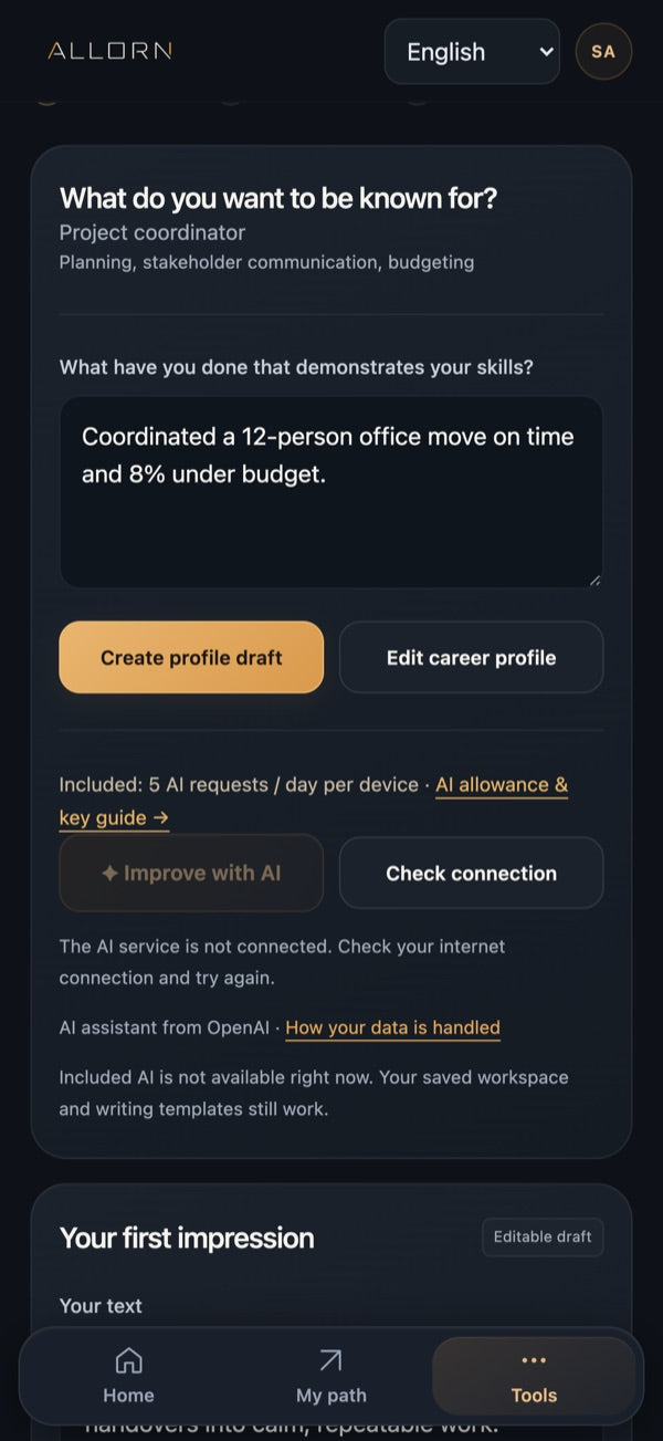 Allorn app: LinkedIn profile workshop