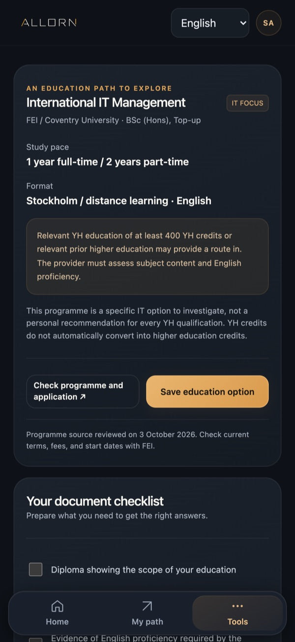 Allorn app: saved education paths
