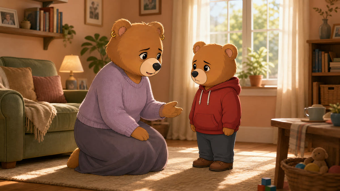 Mum Bear kneeling to talk calmly with Little Bear at eye level