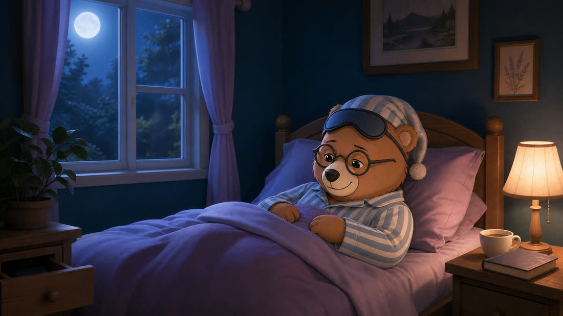 Teddy asleep in bed by moonlight in striped pyjamas