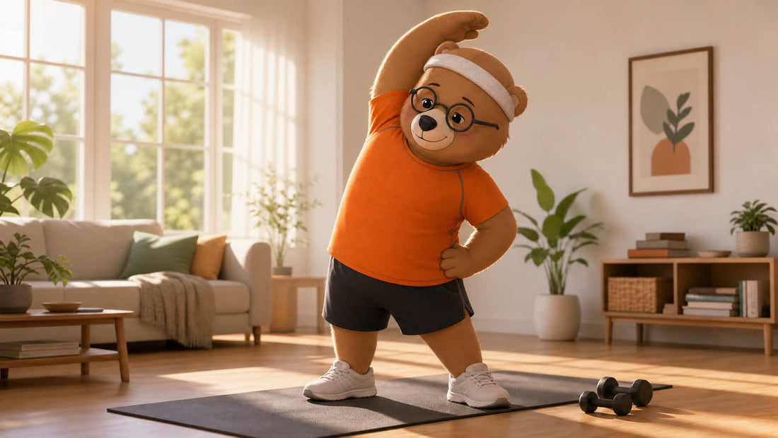 Teddy stretching on a yoga mat in a bright living room