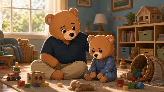 Dad Bear sitting calmly beside an upset Little Bear among scattered toys