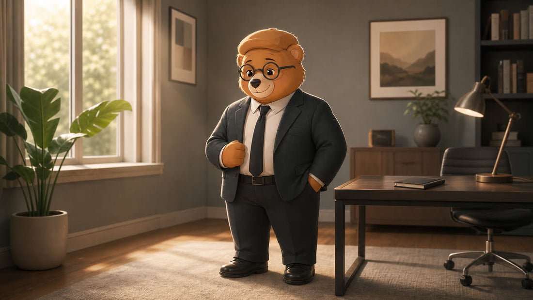 Teddy in a blazer and tie, ready for a salary conversation in a calm office