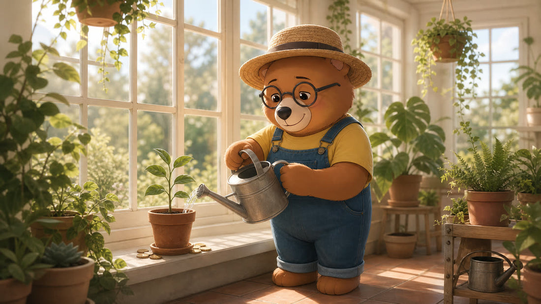 Teddy watering a small growing plant surrounded by a few coins