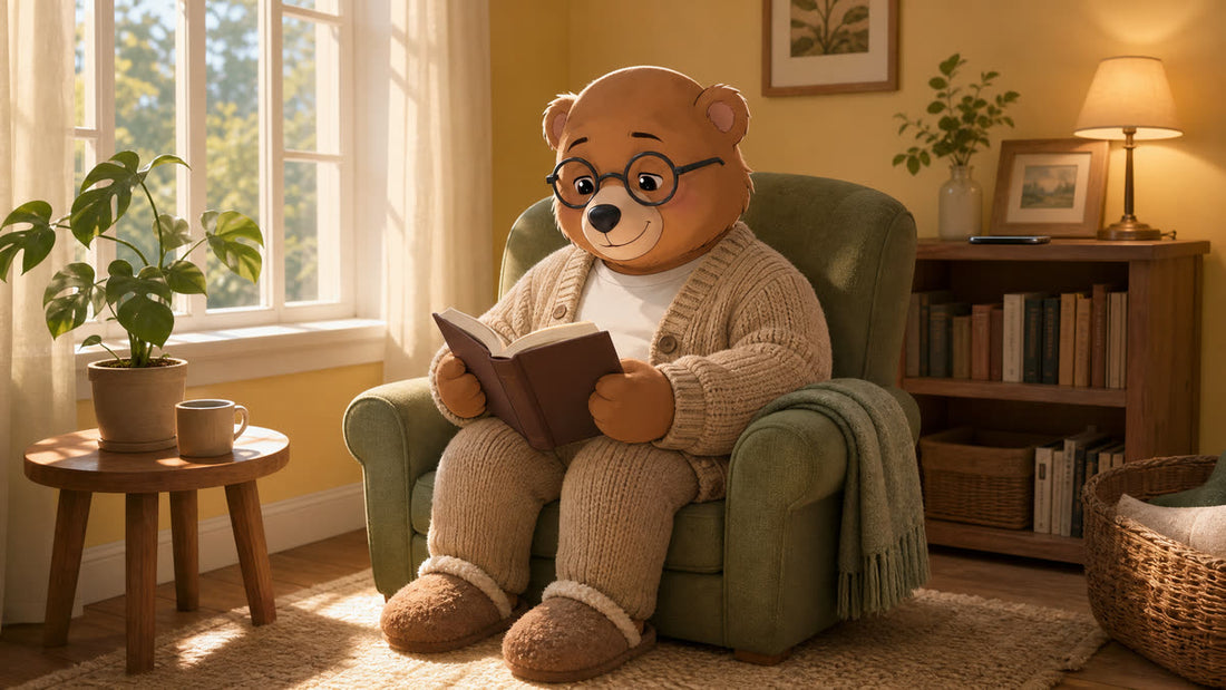 Teddy reading a book in an armchair with his phone put away