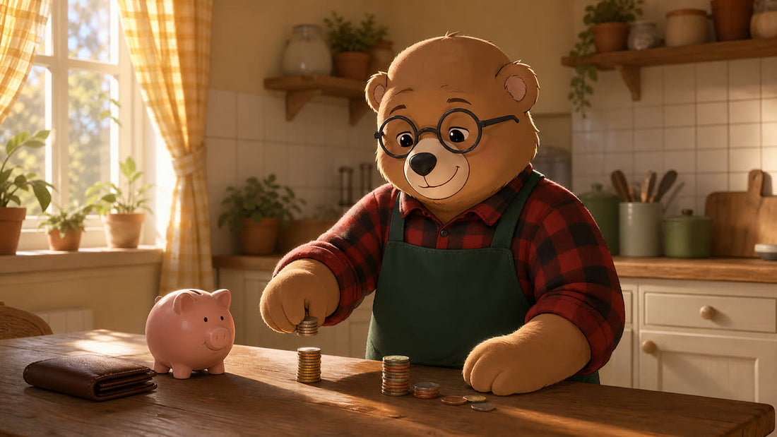 Teddy setting aside a stack of coins beside a piggy bank in his kitchen
