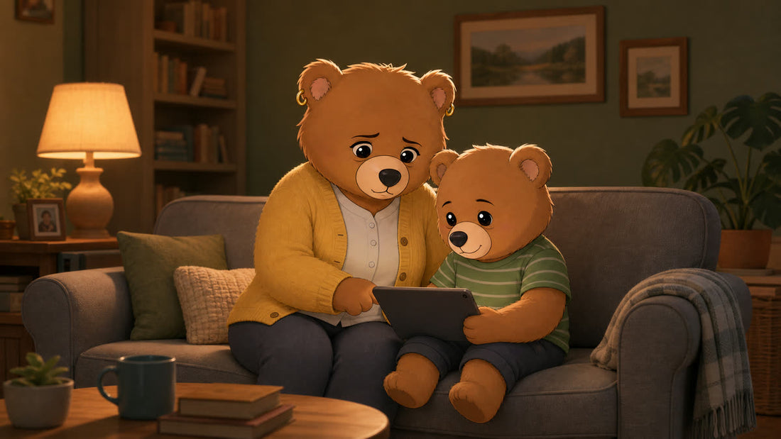 Mum Bear and Little Bear looking at a tablet together on the sofa