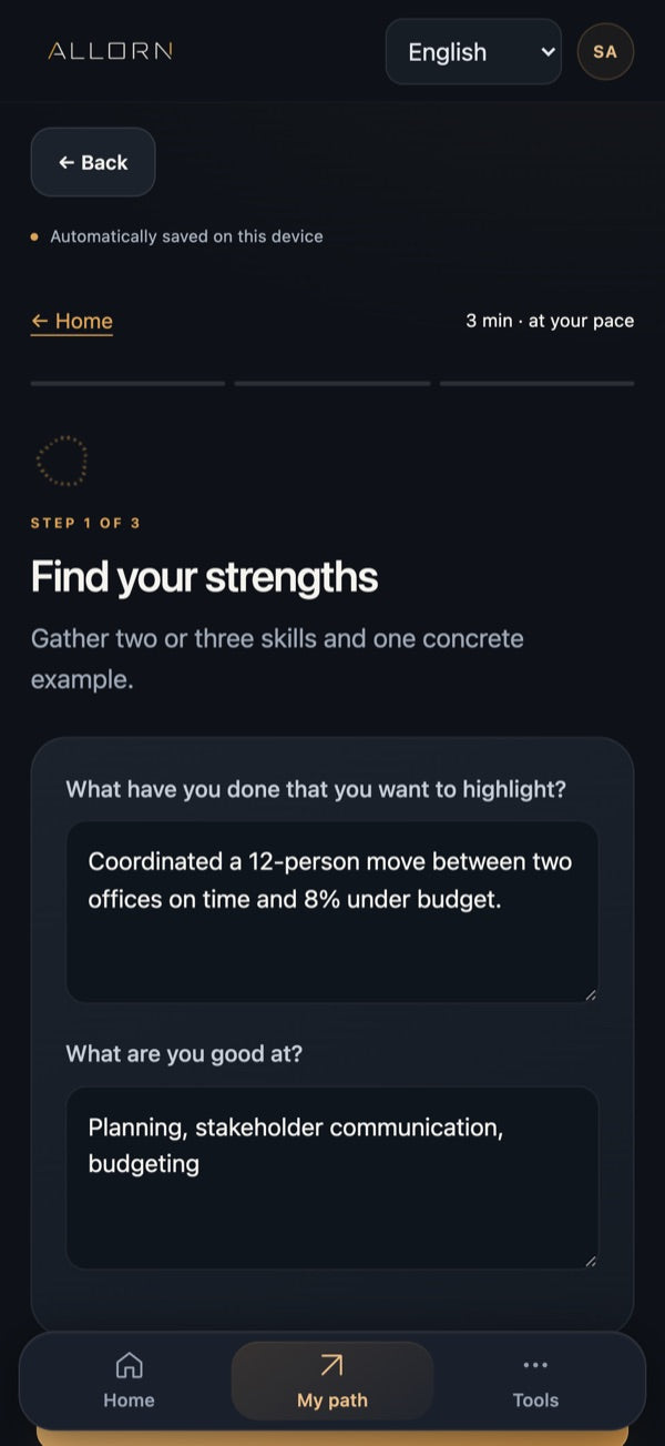 Allorn app: a guided path with the first of three steps
